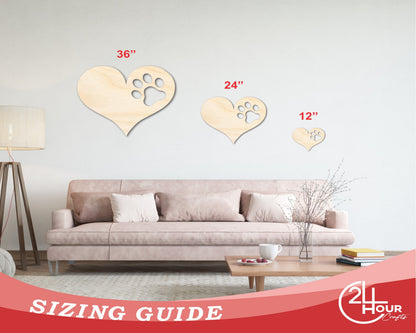 Unfinished Wood Pawprint Heart Shape | Valentine's Day | Pet | DIY Craft Cutout | Up to 46"